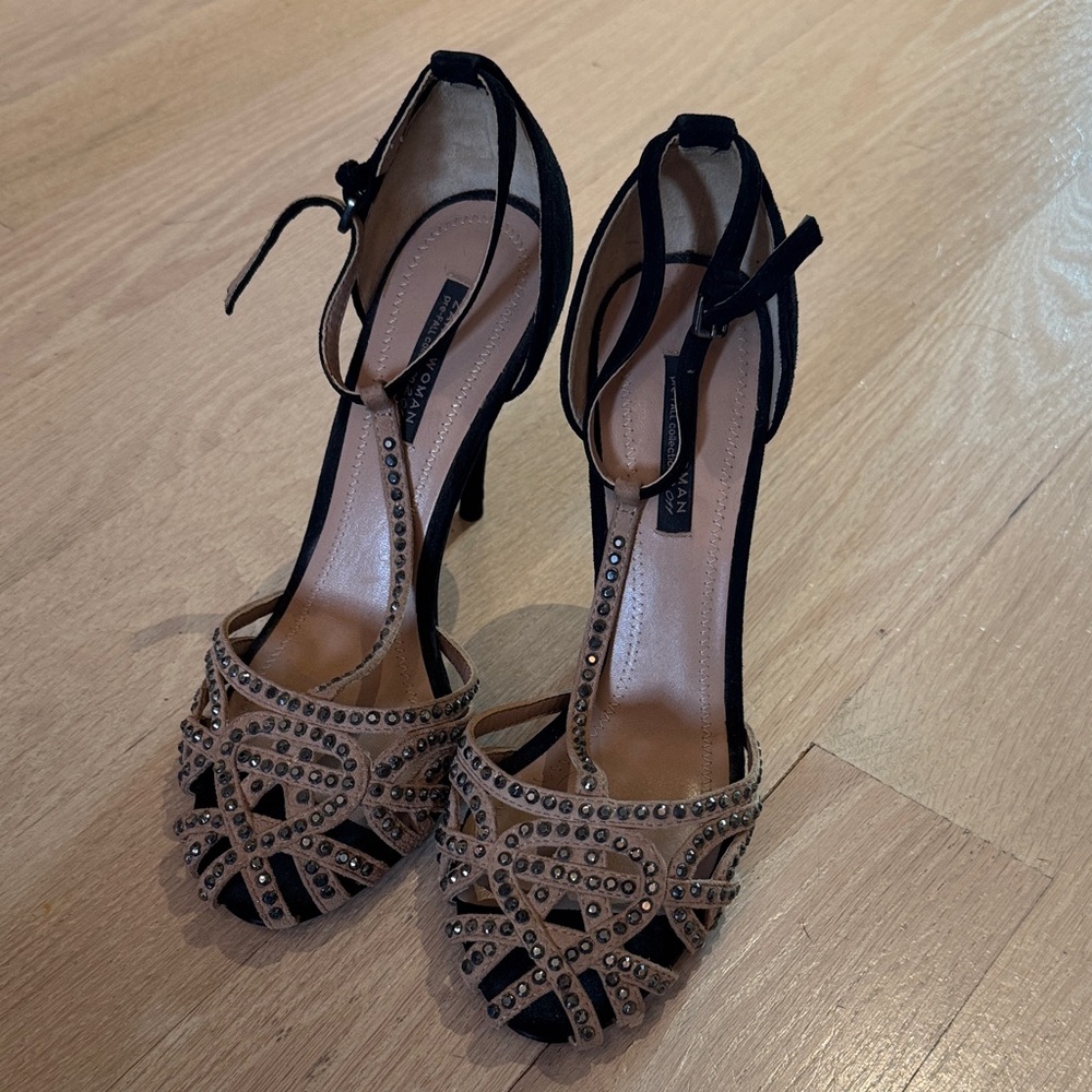 Zara 38 Embellished T-Strap High Heels - Black and Taupe